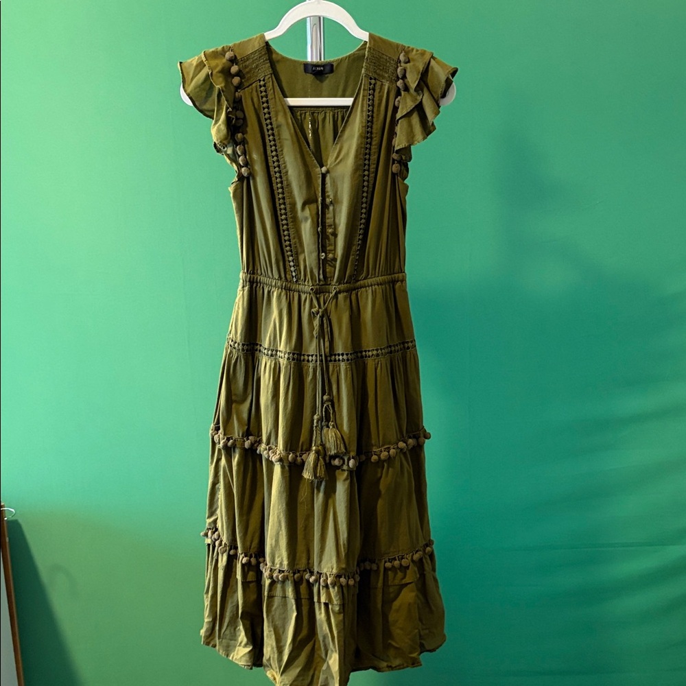 J. Crew Olive Midi Dress with Tassel Details